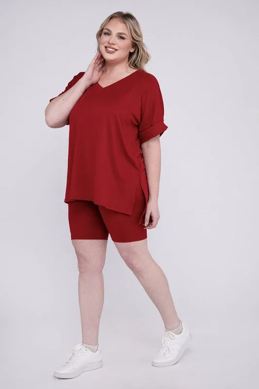 ZENANA Plus Brushed DTY Microfiber V-Neck Top & Biker