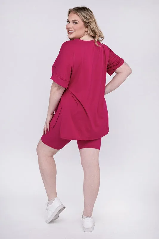ZENANA Plus Brushed DTY Microfiber V-Neck Top & Biker